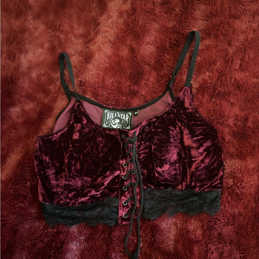 Killstar Dalia Red Velvet Lace Trim vest top in plum